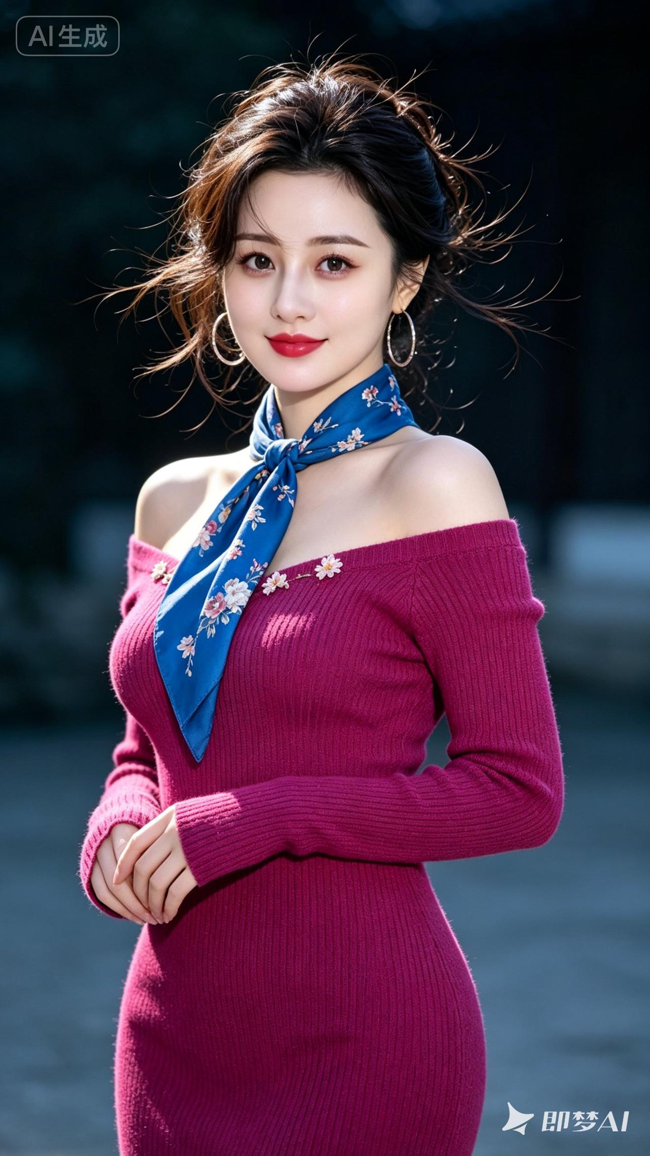 优雅红裙，蓝花丝巾，甜美笑容，时尚穿搭