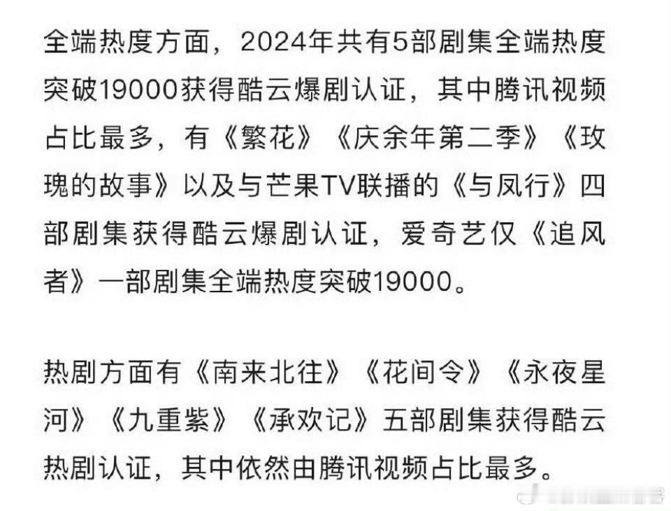 酷云认证的爆剧有：🐧胡歌、唐嫣的《繁花》张若昀的《庆余年》刘亦菲的《玫瑰的故事