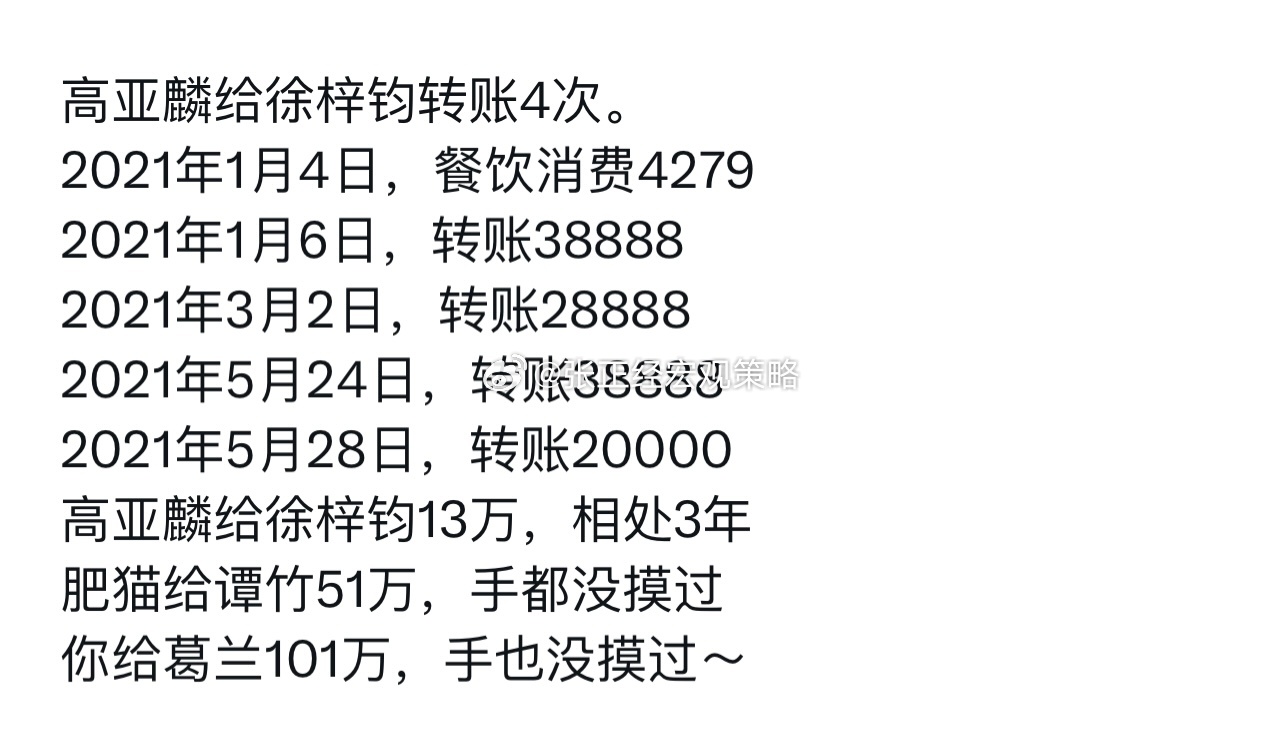 高亚麟给徐梓钧转账4次，这点钱可以谈个三线女明星做女朋友，还生娃？胖猫给谭竹51