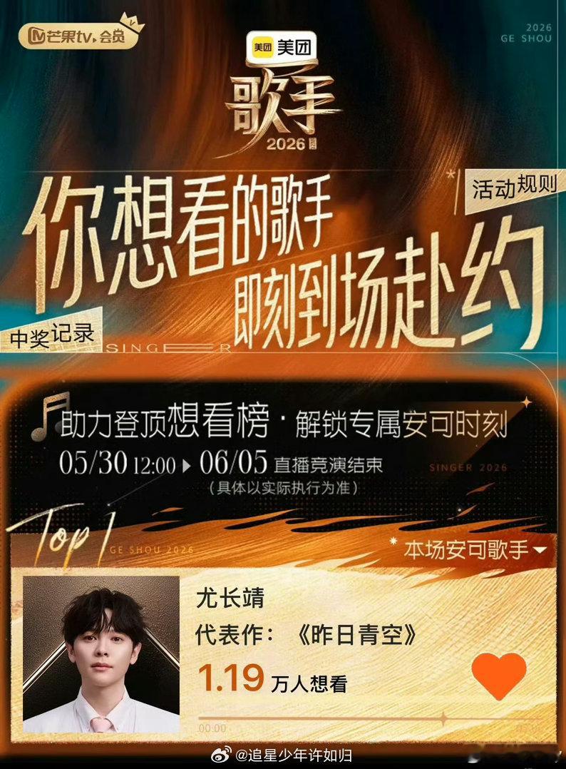 尤长靖歌手想看榜连续三期第一歌手2026 连续三期登顶想看榜，尤长靖的观众缘确实