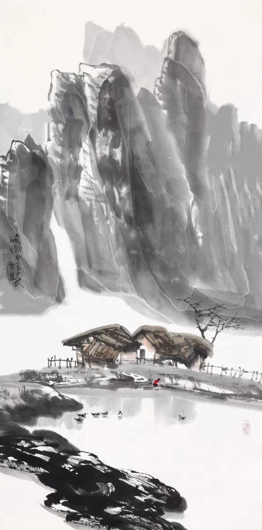 我把唐先生画的山水修补了一下，后面的山用淡墨添满，增加厚重感，不显得乱和单薄使其