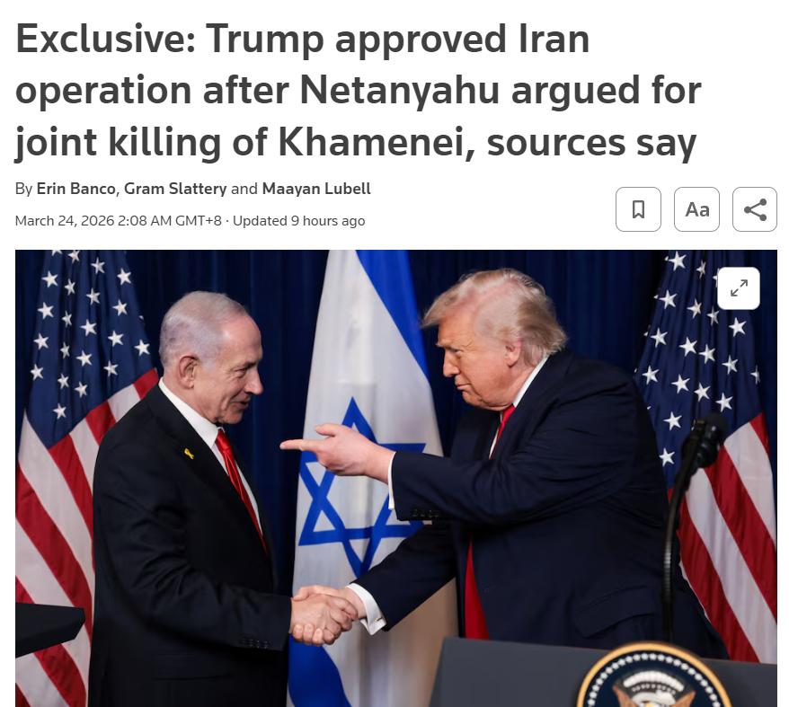 再次证实是战犯把美国拖下泥潭！
路透社：在伊朗遭受袭击前不久，内塔尼亚胡与特朗普