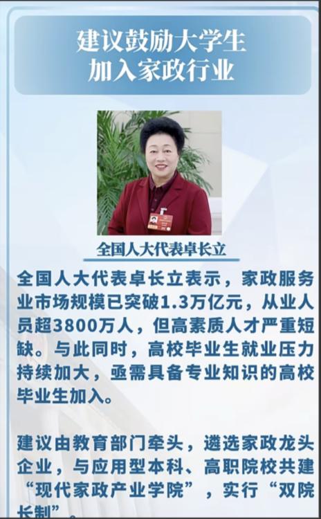 “这建议真敢提啊！”全国人大代表卓长立公开呼吁：鼓励大学生加入家政行业。她建议，