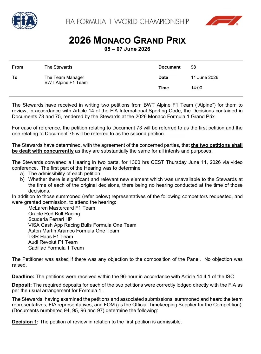 Motorsport称Alpine车队对于摩纳哥站维修区超速的复审结果预计将在周