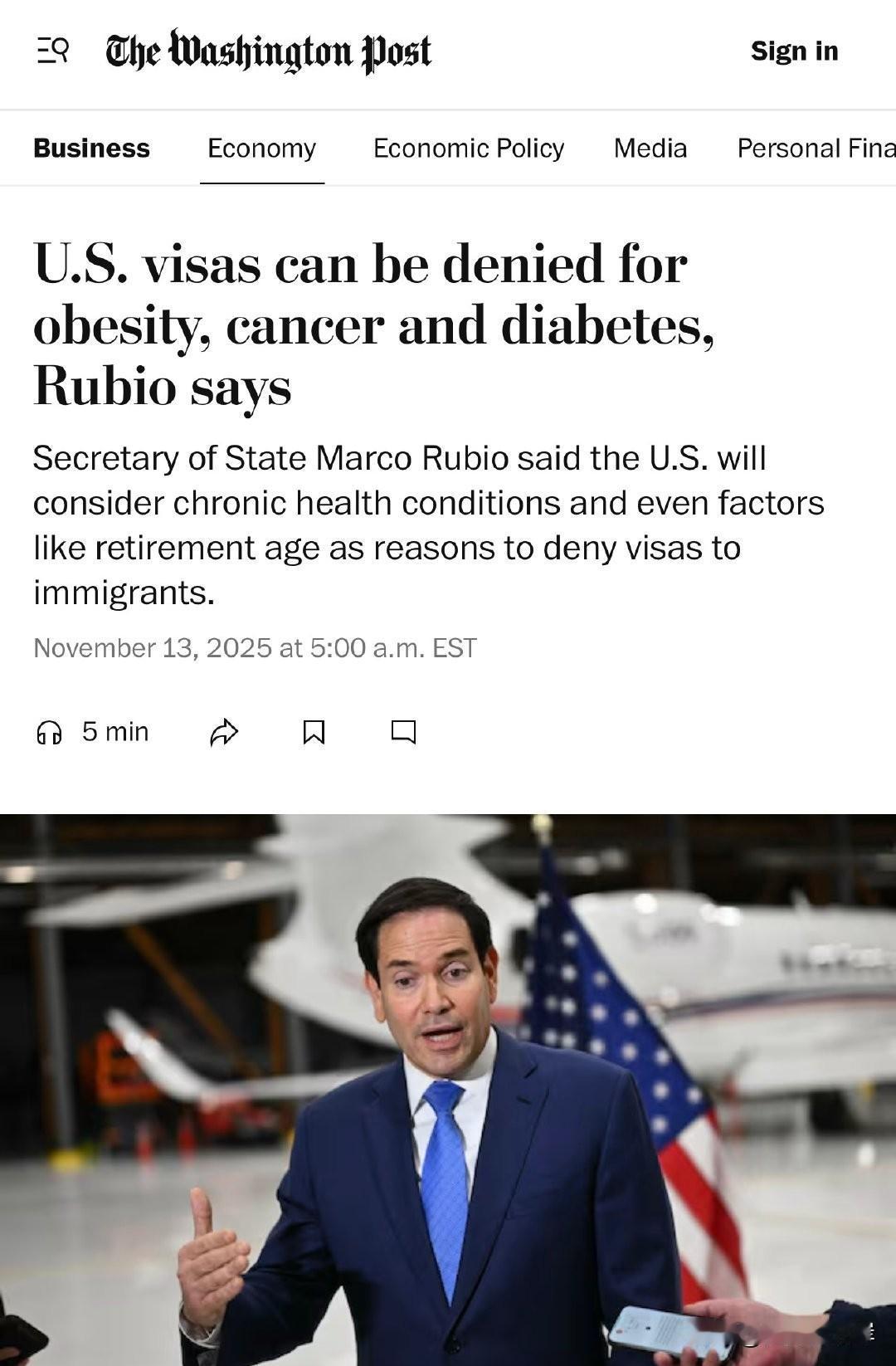 美国签证可能因肥胖、癌症和糖尿病被拒。
国务卿Marco Rubio称，美国将把