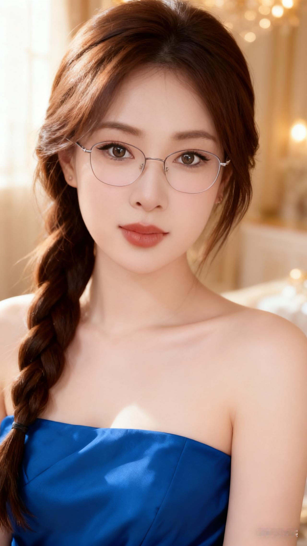 甜美少女棕色长发编为单侧麻花辫垂肩，细框眼镜添知性气质。蓝色抹胸裙优雅甜美，尽显