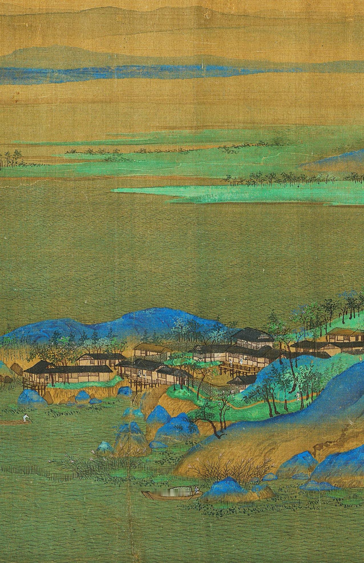 《千里江山图》中这一处人家一定是豪富之家，背山面水，风水绝佳，临水有两处亭子，主