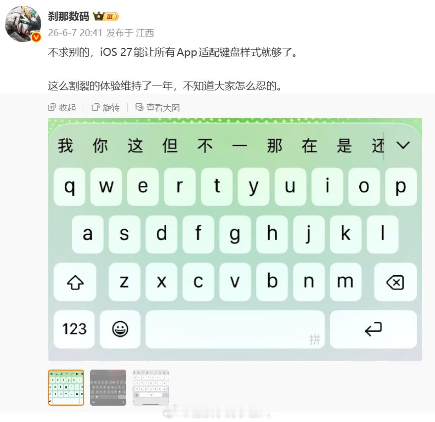 这个我赞同，在所有的手机中，iPhone是适配键盘最垃圾的一家，唯独自家的键盘设