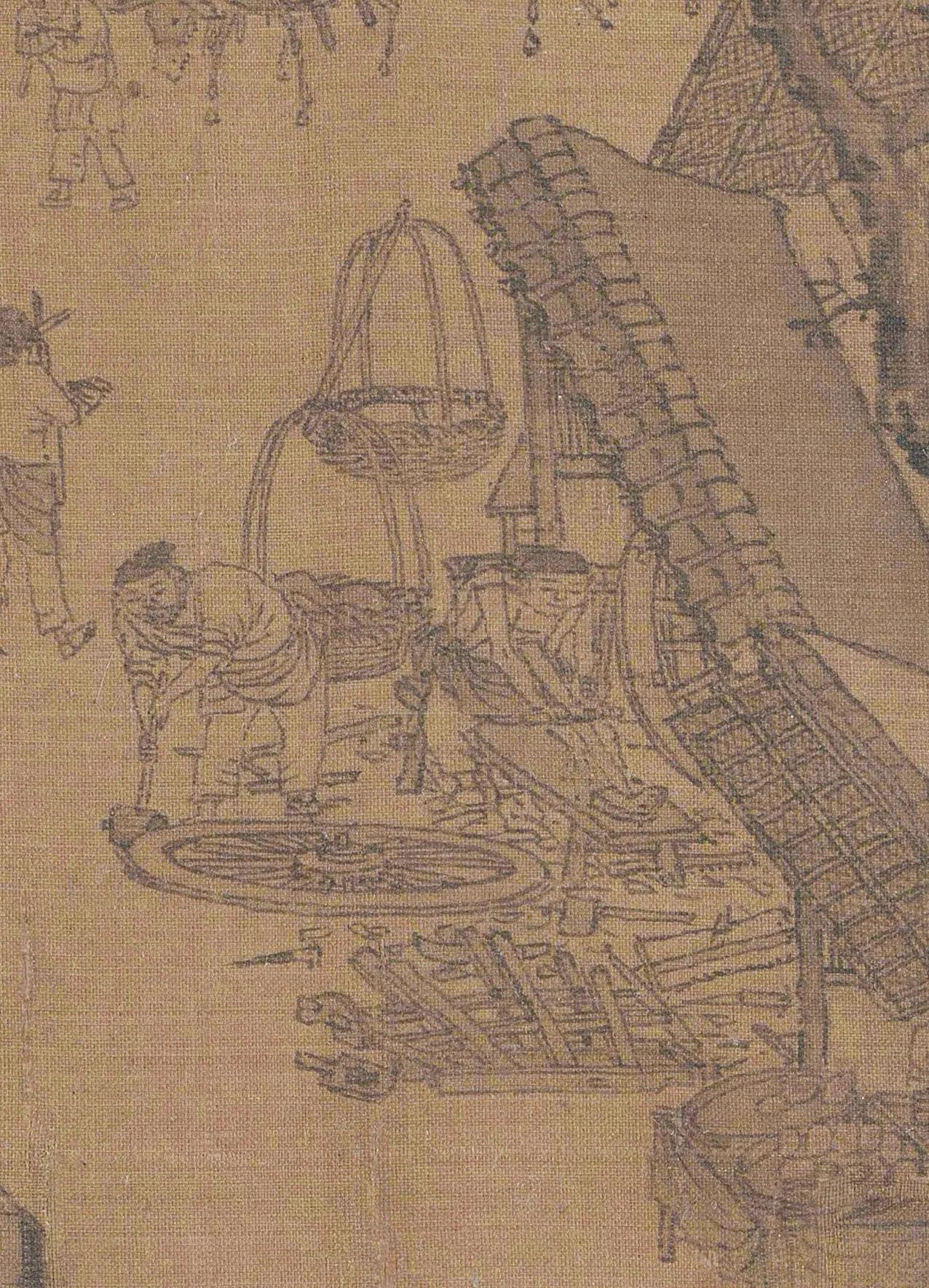 《清明上河图》的修车作坊中，匠人分工明确：一人手持巨木槌修整车轮，另有匠人坐于凳