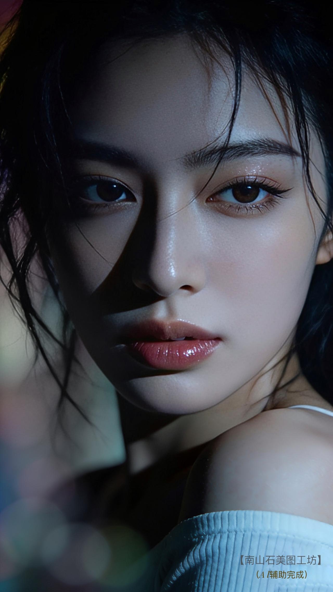 暗调光影里，肩线似天鹅绒般柔滑，发丝沾着碎光颤动。眼波漾开琥珀色涟漪，唇上绯色像