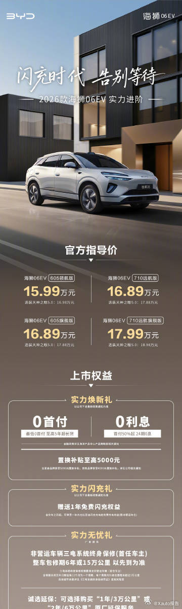 海狮06自由闪充告别等待 2026款比亚迪海狮06EV焕新上市，售价15.99万