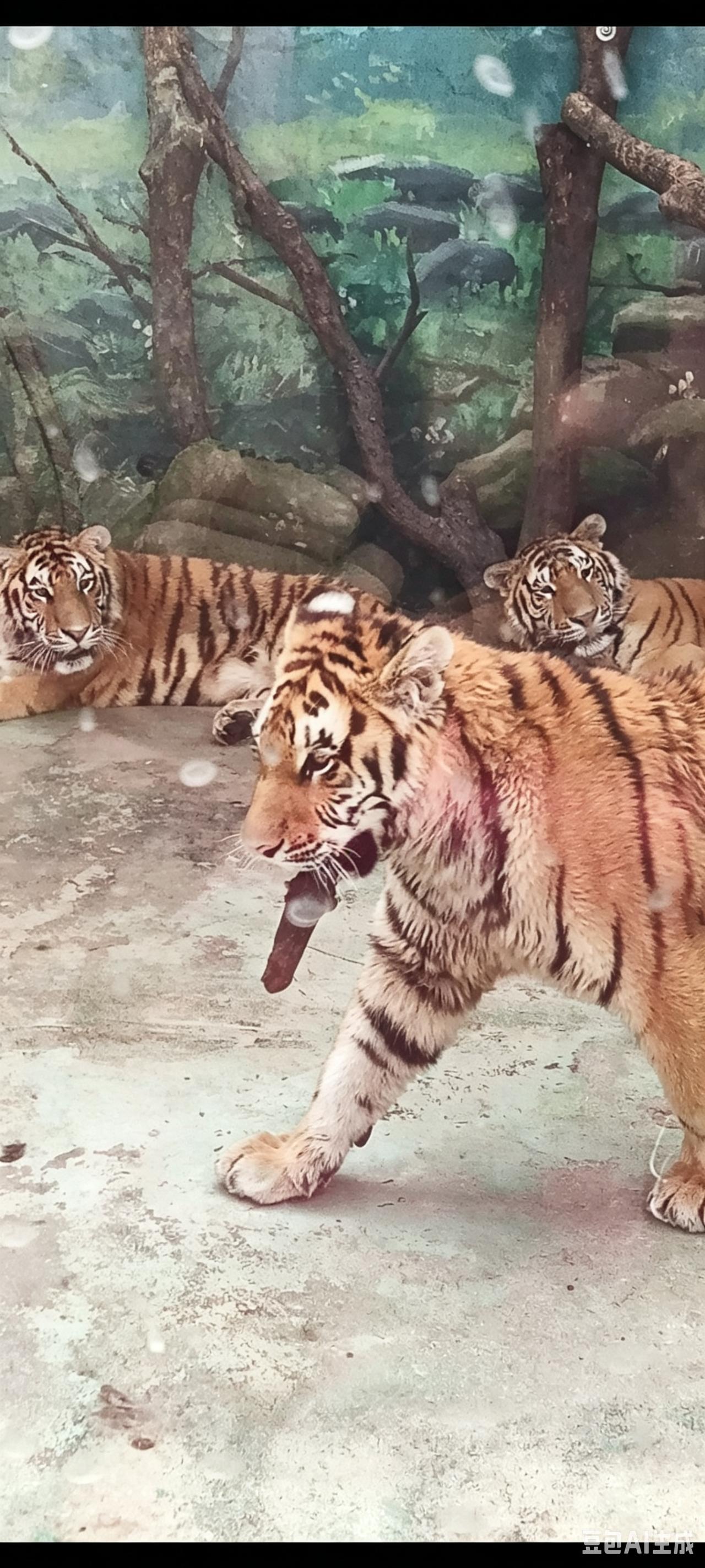 西安秦岭野生动物园·中型猛兽展区的老虎室有五六只，但是暂时没有提供饮用水。
一只