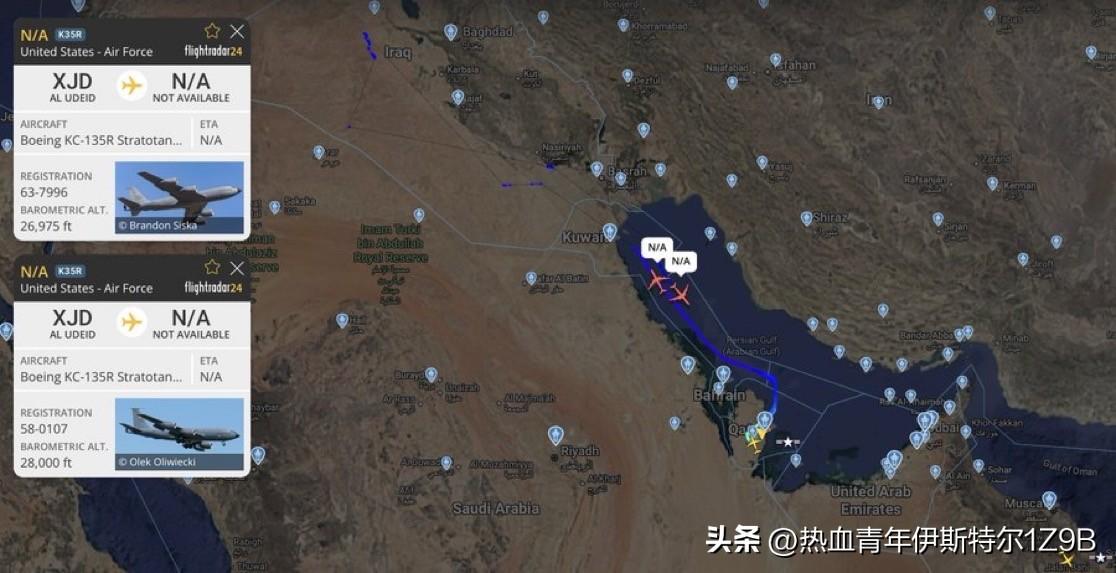 两架美国空军加油机目前在波斯湾上空飞行，表明伊朗周边地区正在进行大规模监视行动。
