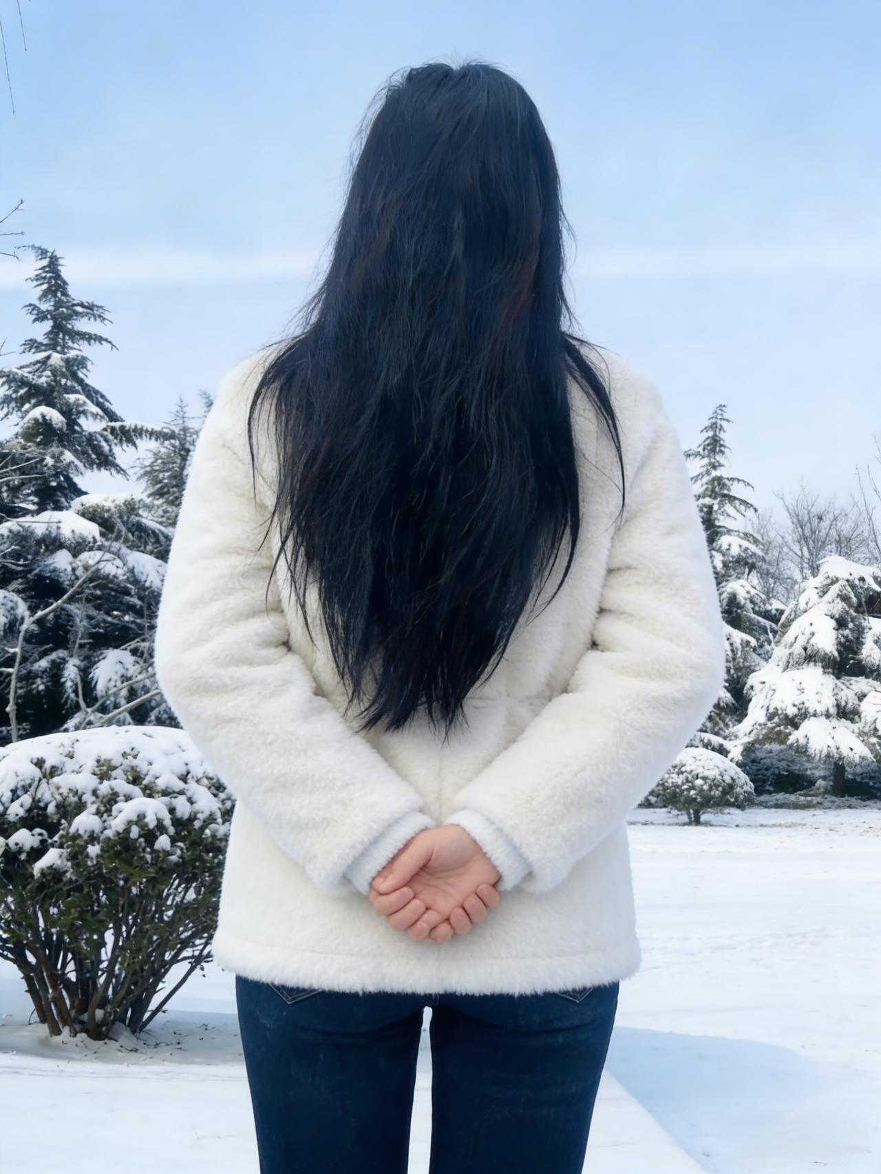 朔风卷雪满江城，偶遇佳人立雪坪。
黑瀑垂肩遮秀颈，白裘裹体衬娉婷。
鞋痕浅印琼瑶