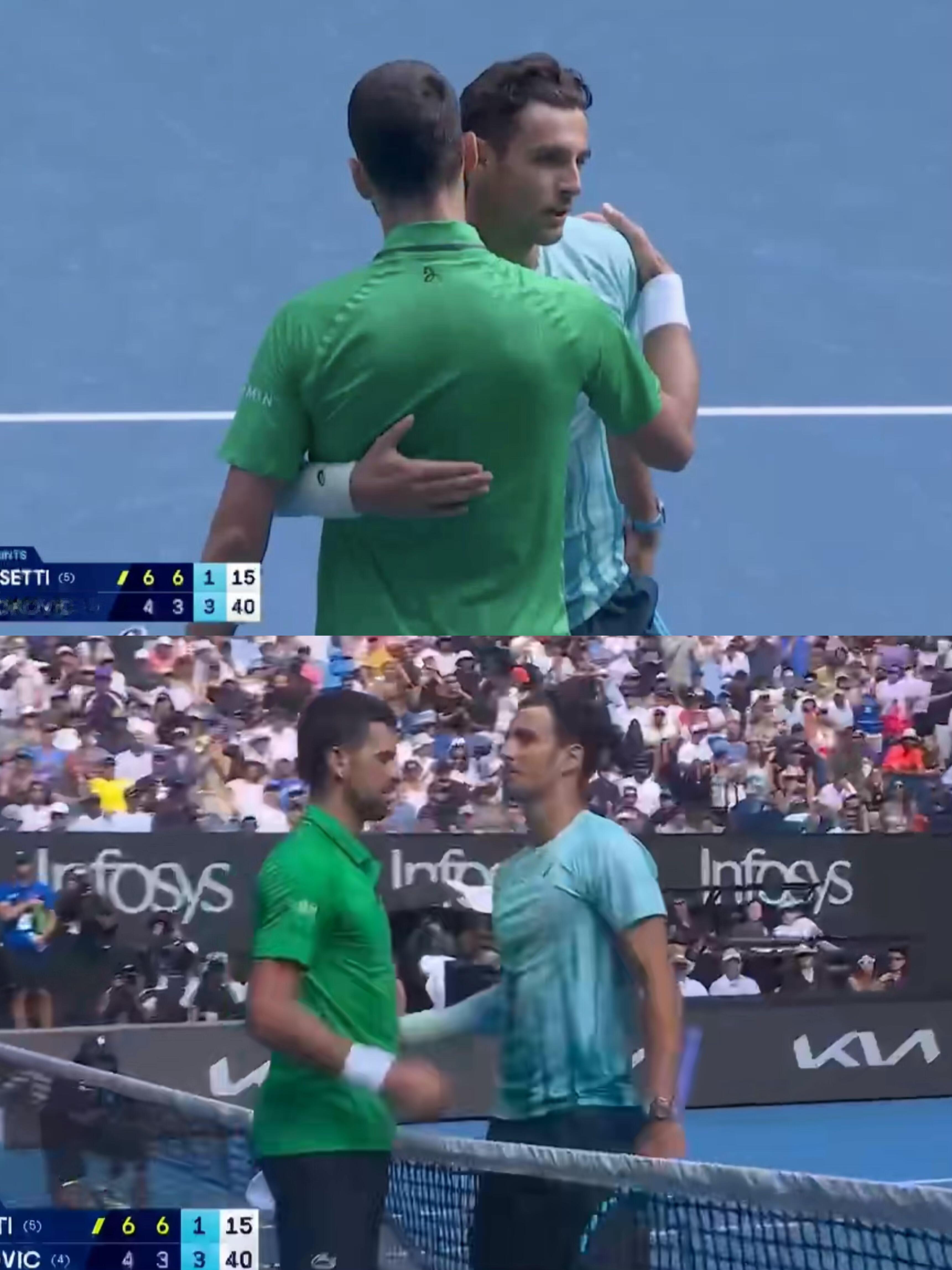 德约4-6/3-6失掉前两盘，第三盘比分来到3-1(40-15) Ret.穆塞蒂