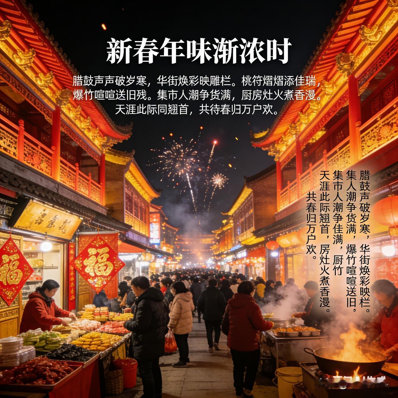 新春年味渐浓时:
腊鼓声声破岁寒，
华街焕彩映雕栏。
桃符熠熠添佳瑞，
爆竹喧喧