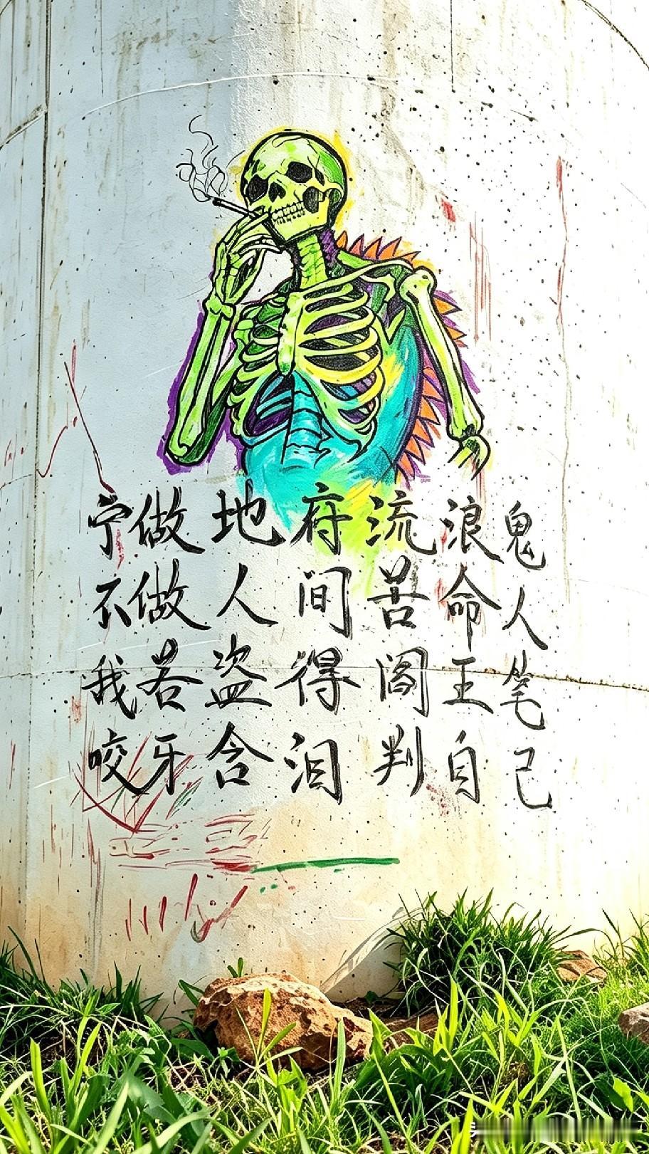 桥墩上这一幅涂鸦，看完让人又感慨又唏嘘！
骷髅配霸气诗句，不知是哪位民间高手的手
