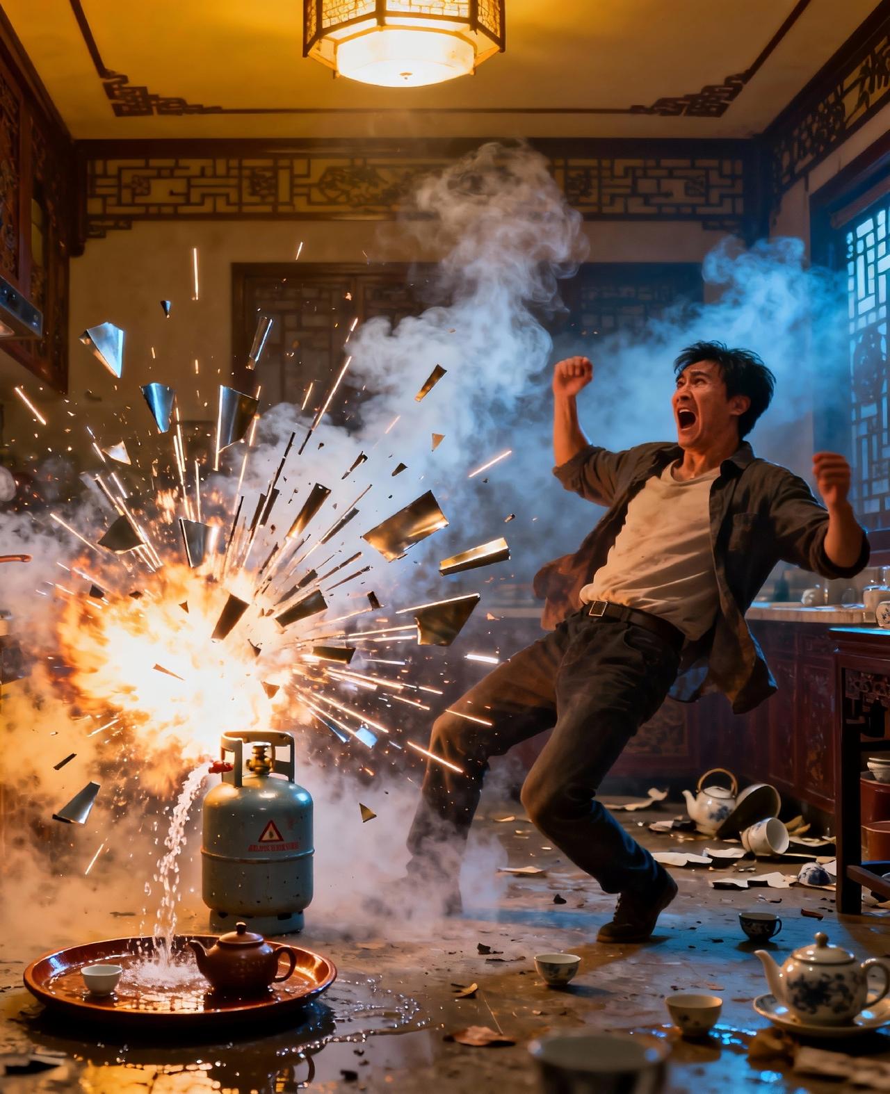 “太吓人了！”12月9日，福建漳州，一男子泡茶时，往茶盘倒热水，不小心淋到了附近