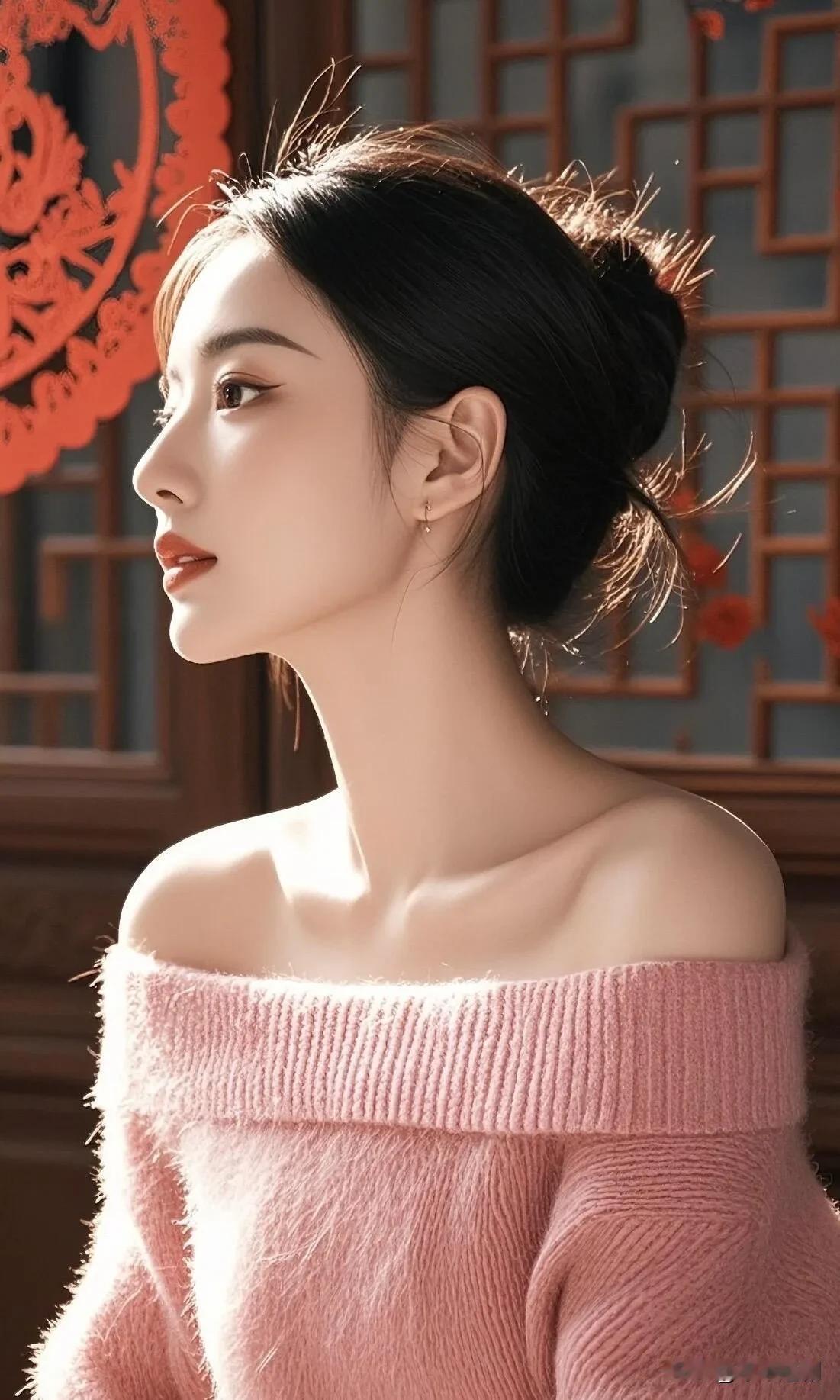 桃粉毛绒露肩毛衣衬着中式窗棂，红剪纸点缀揉出温柔又甜美的国风氛围感🌸
毛衣粉色
