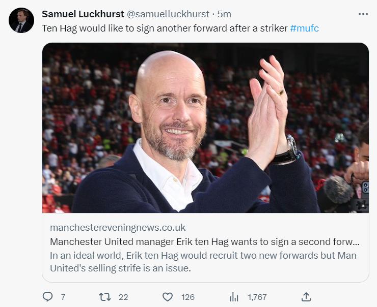 曼晚的samuel说，滕哈赫其实想要2名中锋球员的

其实，在夏窗之前罗马诺也说