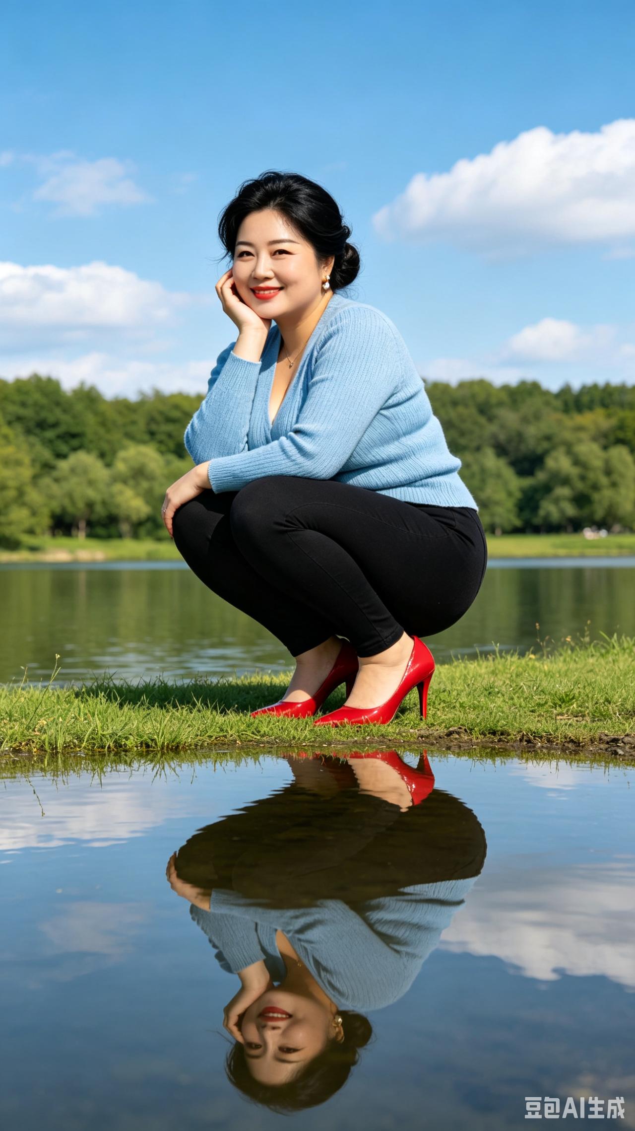丰腴大姐姿容妙，乌发低盘气质高。
浅蓝上衣搭黑裤，红鞋夺目更妖娆。
静蹲湖畔青草