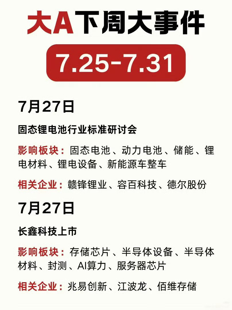 下周（7.27-7.31）A股大事件一览： 