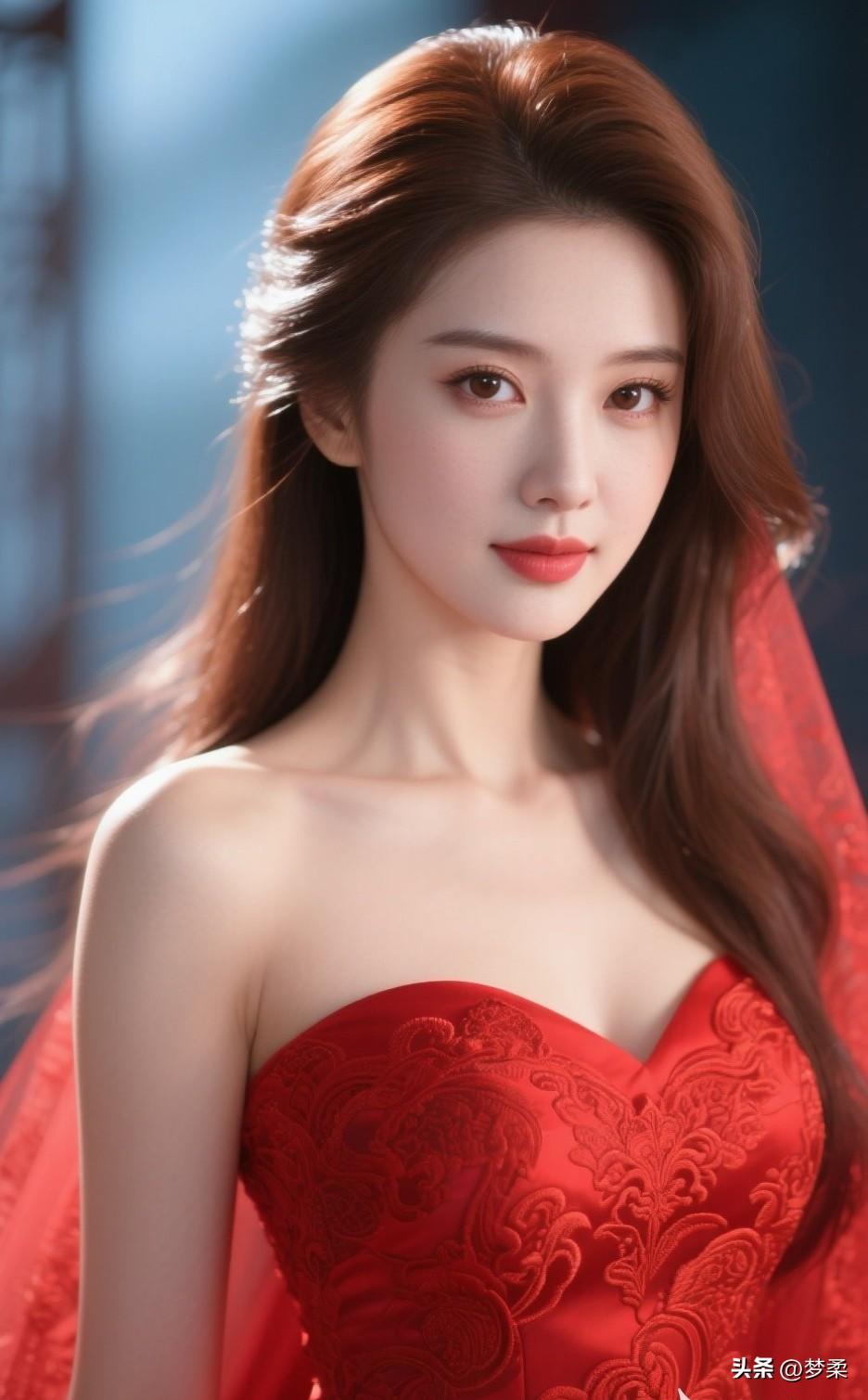 这位美女穿着红色礼服，好漂亮！