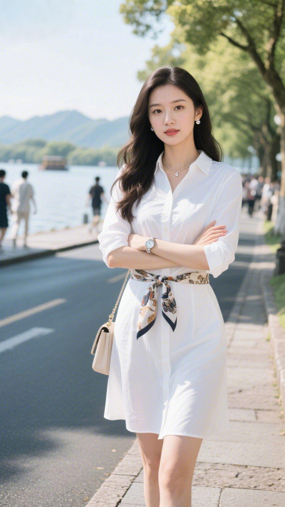 《白衫栖在湖风间》
 
湖岸的风裹着水汽漫来时，她立在树荫下，似将夏的清透融于衣