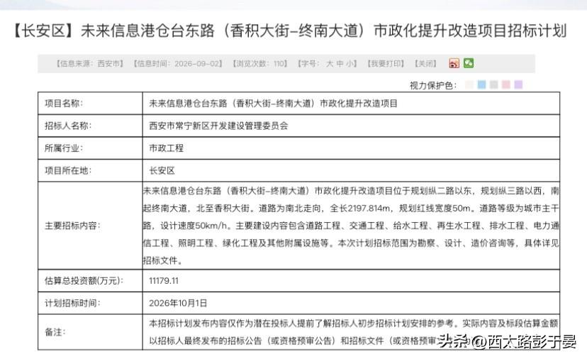 投资1.1亿！仓台东路启动改造，城南未来信息港路网加速完善

长安常宁新区发布仓