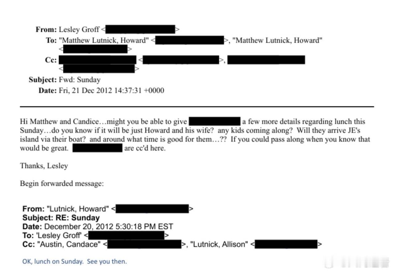 美司法部公布爱泼斯坦案剩余文件一封日期为2012年12月21日的邮件显示，美国商