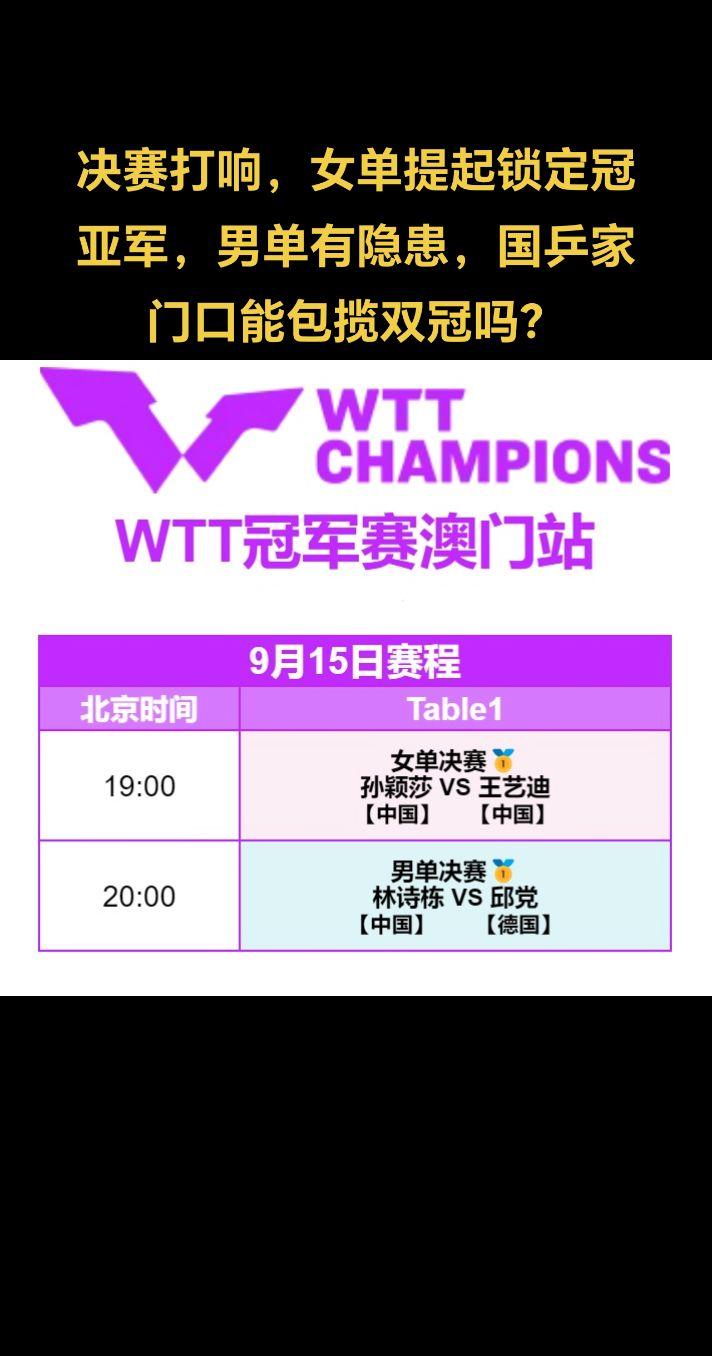 WTT澳门冠军赛进入决赛比赛日，女单决赛王艺迪与孙颖莎争夺冠军，孙颖莎目前世界第