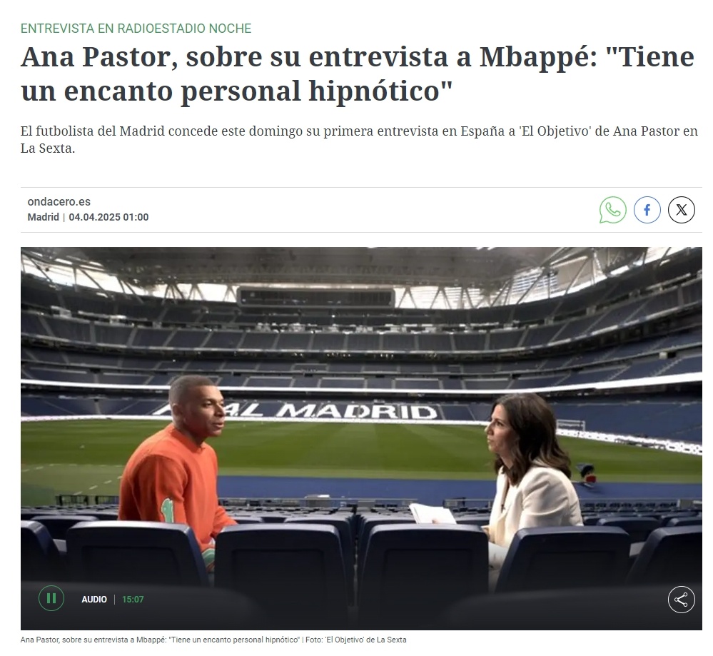 姆巴佩[超话]  Ana Pastor 在谈到她对姆巴佩的采访时说：“他具有一种