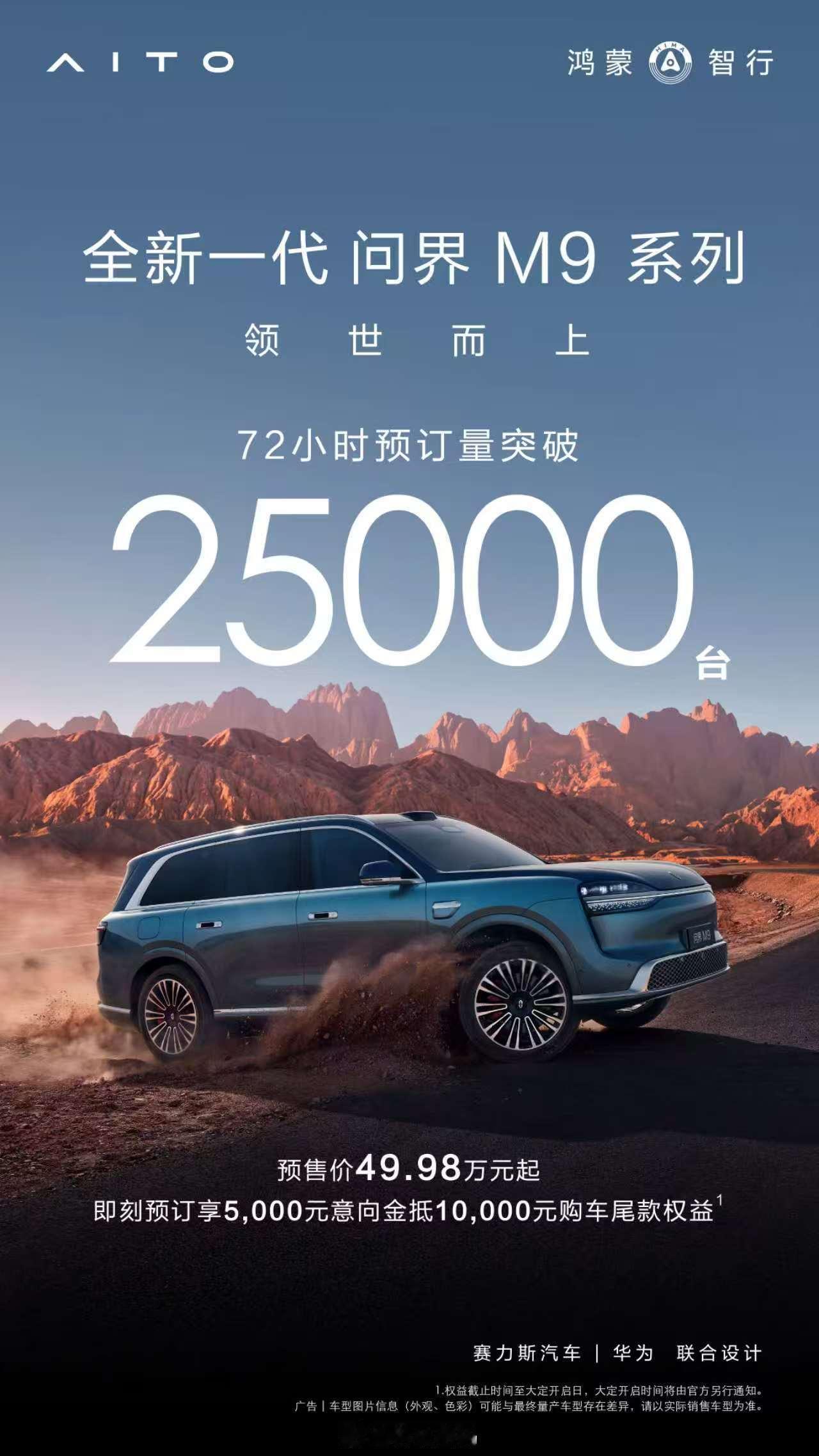 全新一代问界M9系列开启预售 72小时预订量突破25000台！厉害了👍，又要延