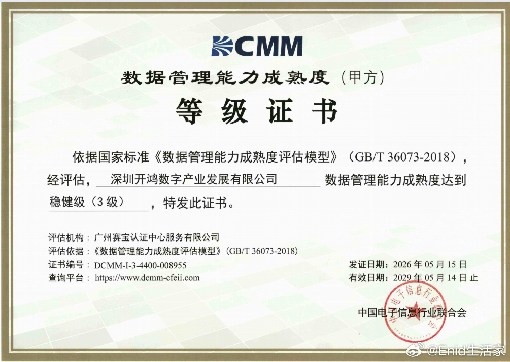 深开鸿今日宣布，其近日正式通过数据管理能力成熟度评估模型稳健级（DCMM 3 级