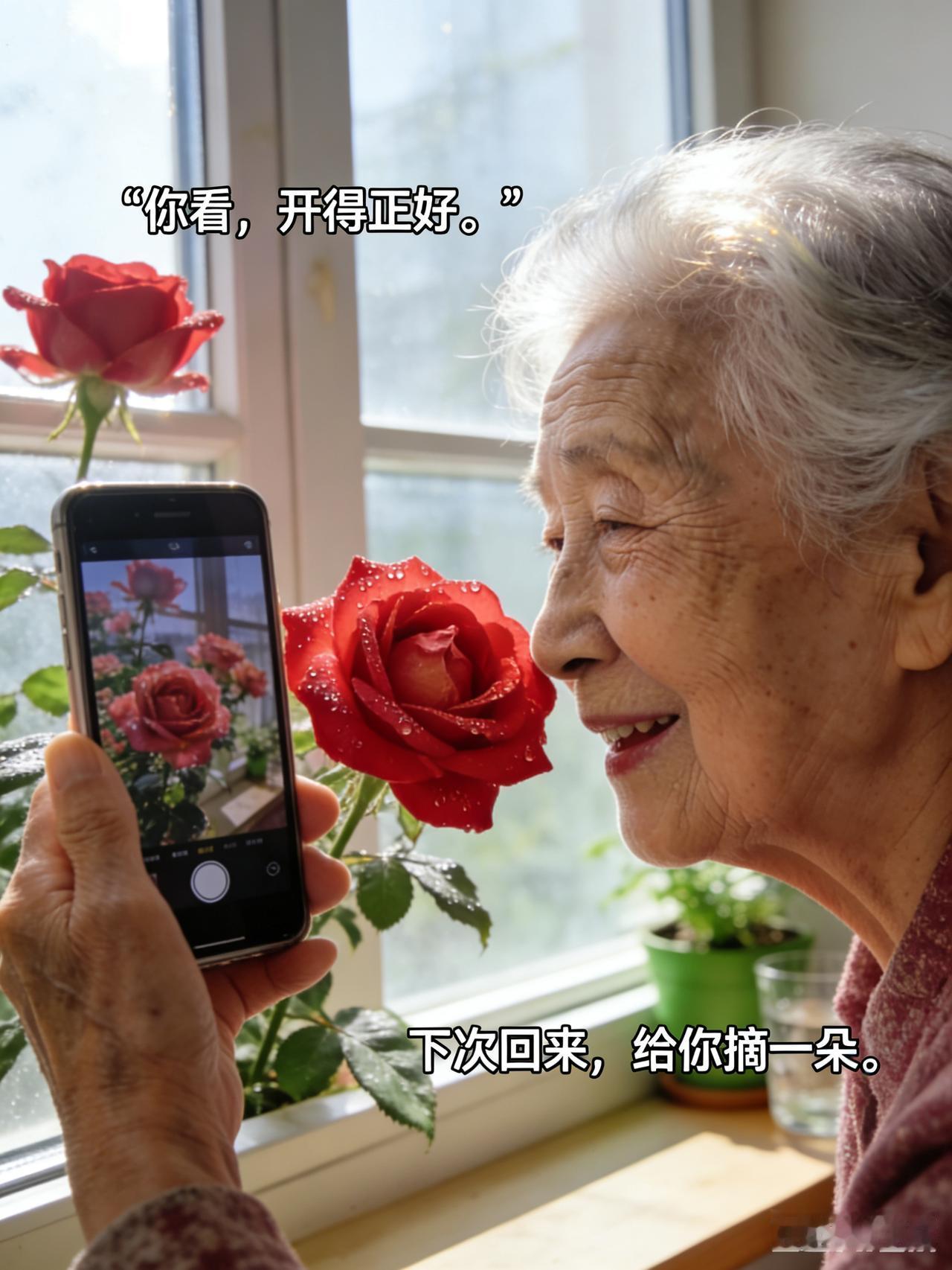 母亲｜她90多了，总爱对着花拍视频
 
接视频。她举着手机，镜头先对准窗台上的红