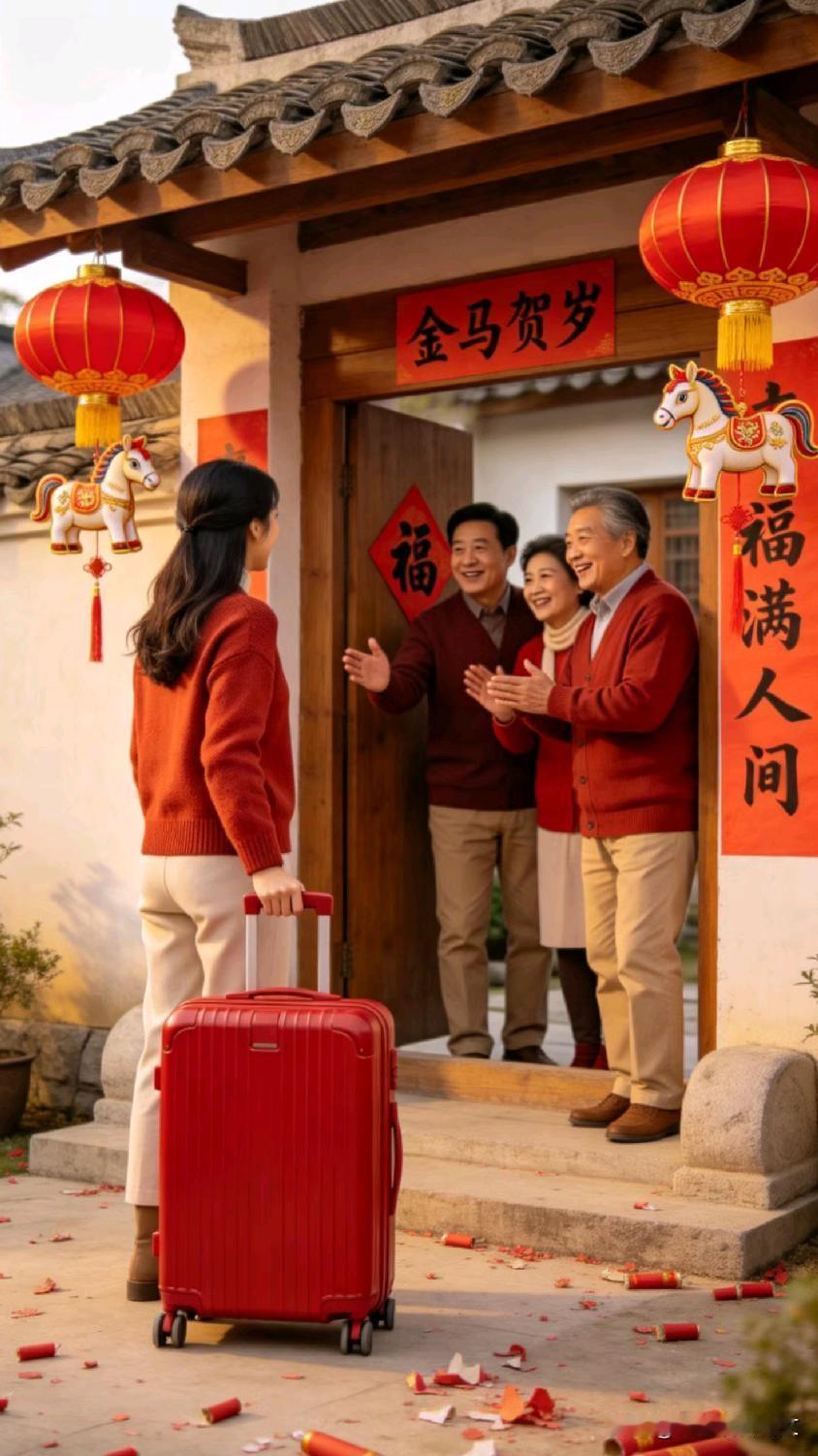 年味渐浓
红灯笼挂起，
春联写满期许。
每缕烟火里，
都是归家的渴望。