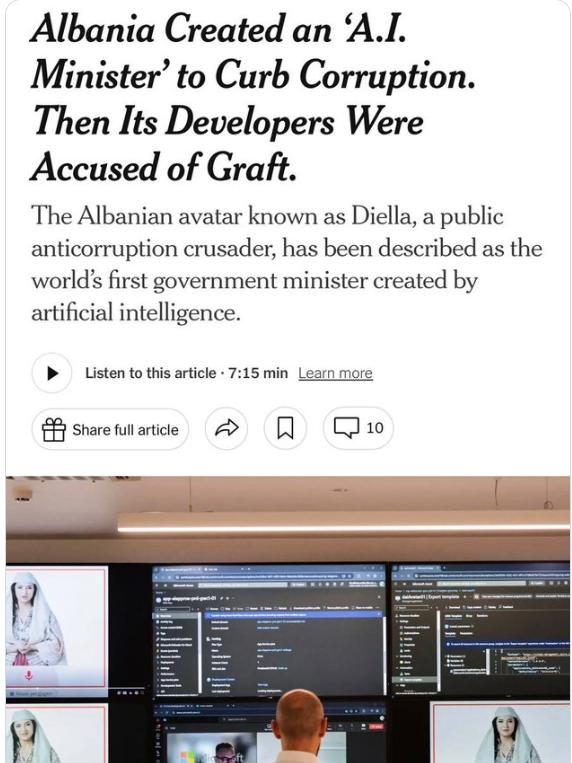 【一位反腐败人工智能部长最终卷入了一场腐败丑闻。】阿尔巴尼亚推出了人工智能虚拟形