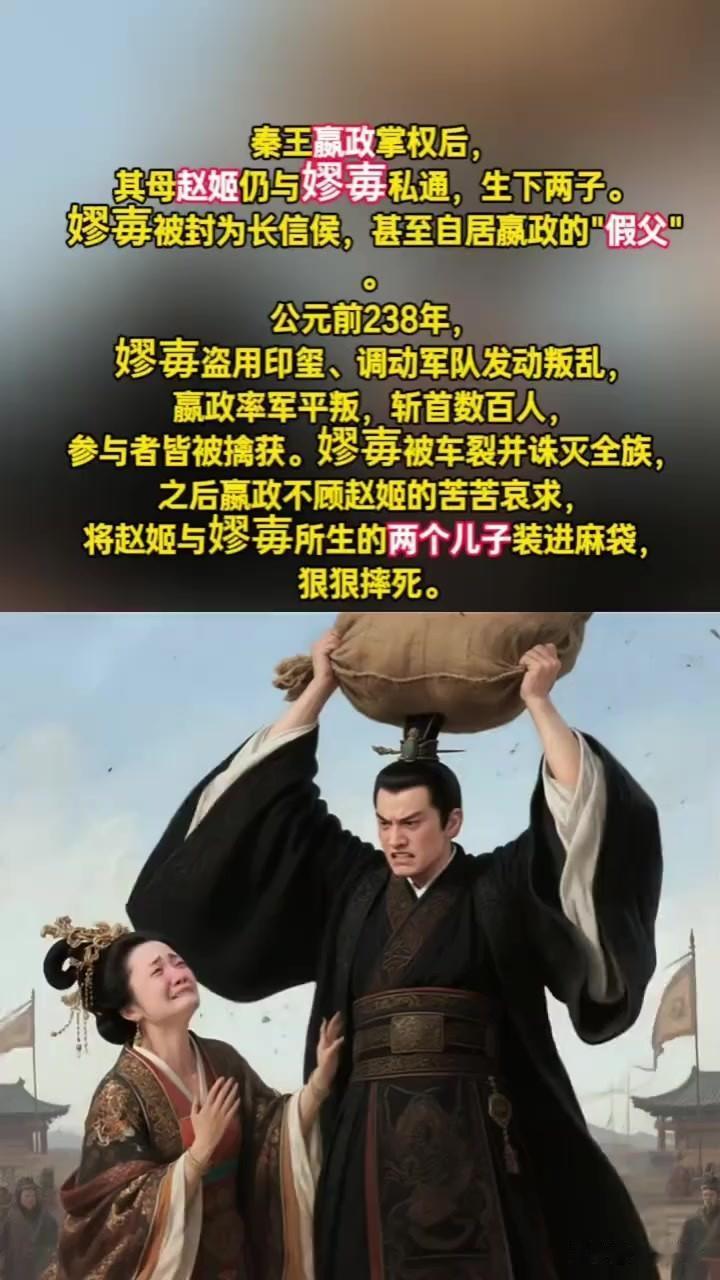 嬴政即位初期，母亲赵姬与假宦官嫪毐私通，生下两个儿子。嫪毐依仗太后权势，封侯掌权