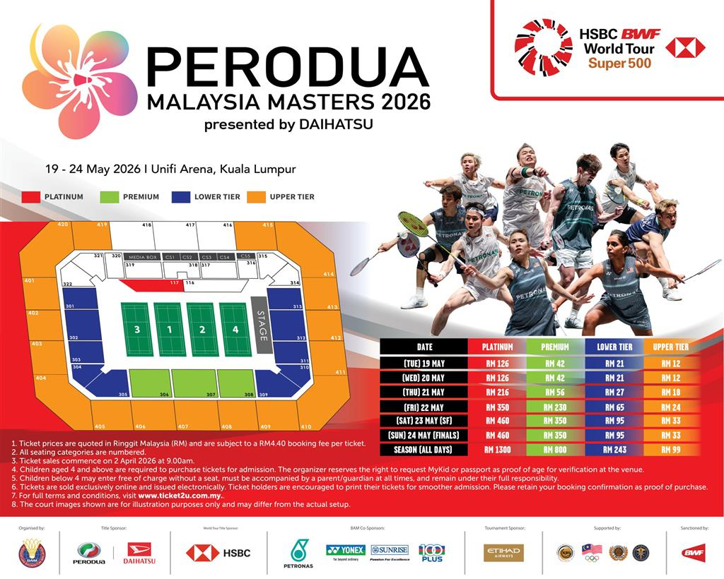 2026年大马羽毛球大师赛 明天开票，票价最便宜约20元，最贵约789元，全程包