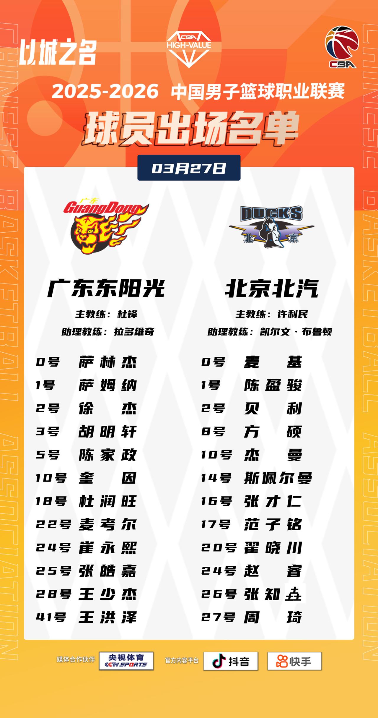 【大名单出炉】2025-2026赛季CBA联赛常规赛第三十一轮今晚开打，6场比赛