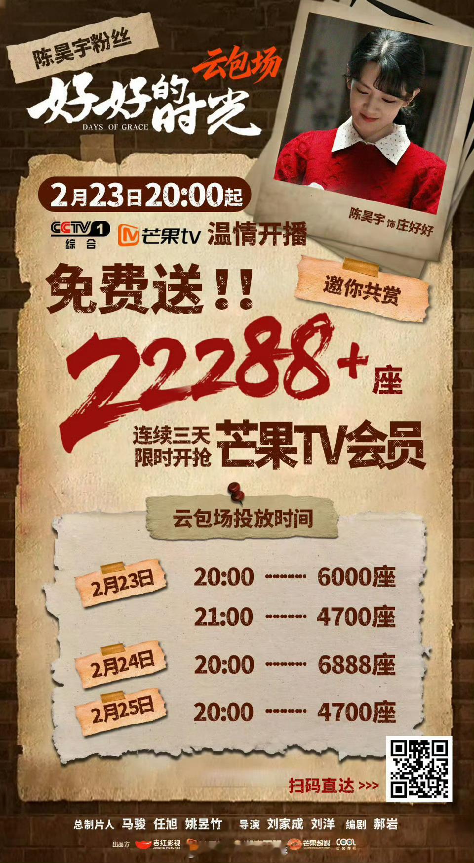 陈昊宇《好好的时光》今日开播 ，粉丝准备了好多场包场，好牛