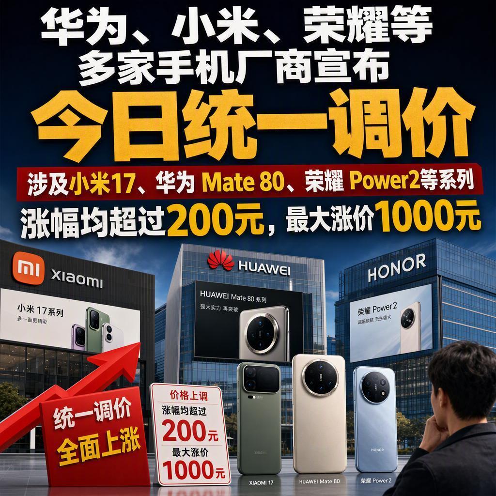 突发！
同一天，华为、小米、荣耀集体宣布涨价。
这不是某一家的促销调整，而是三大