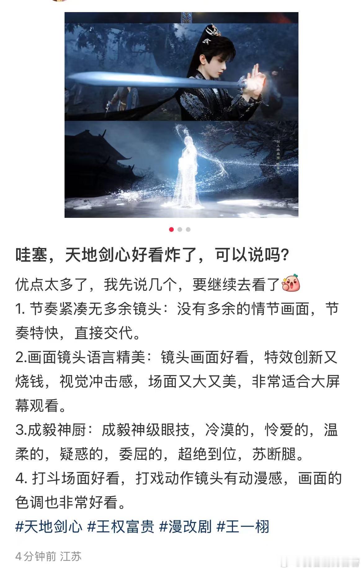 王一栩回宫天地剑心节奏紧凑，打戏精彩，权瞳萌化了，我疯狂心动，太好看了，几次燃的