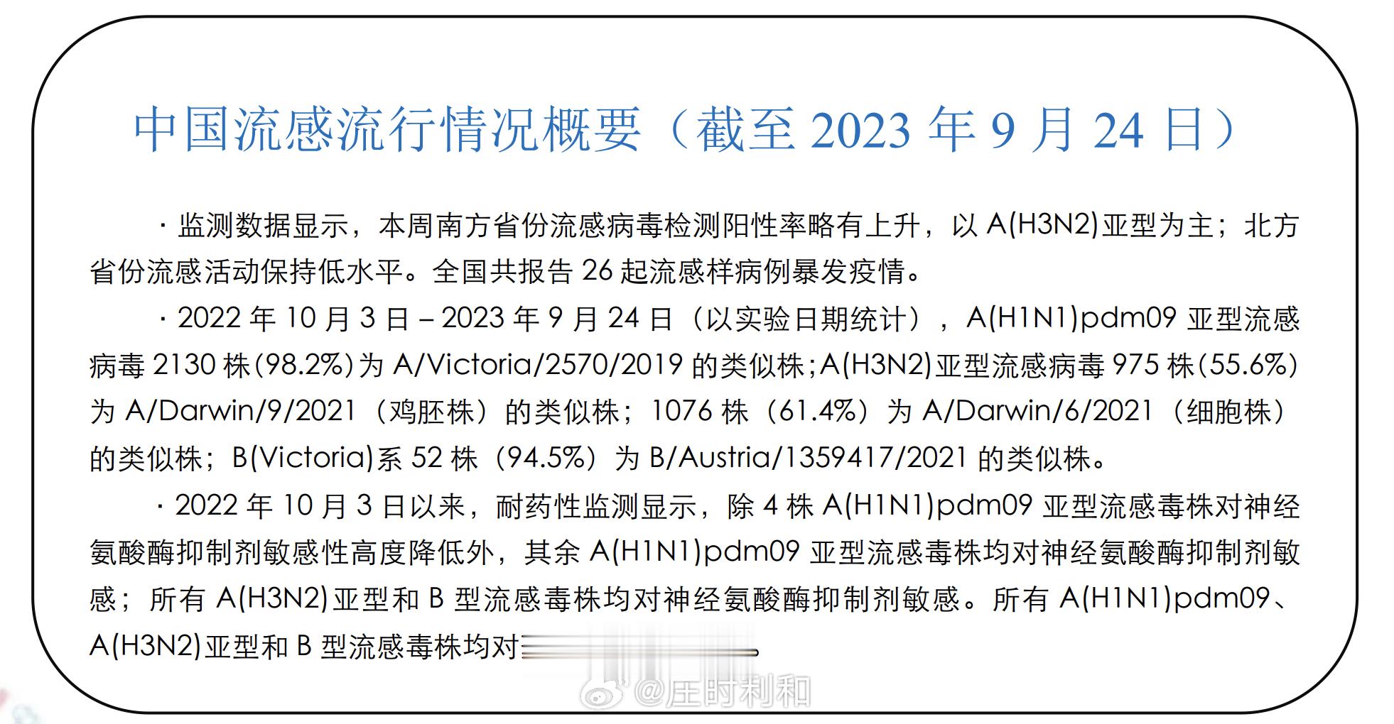 国家流感中心最新的流感周报出来了，结论见图1。关于流感疫苗之前写过很多次了，再简