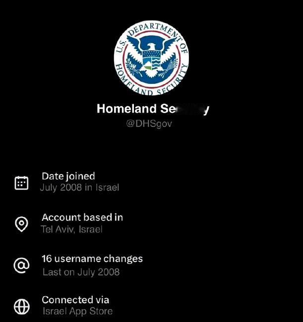 外网X平台更新显示用户IP功能，美国国土安全部IP显示为以色列，不小心暴露了啊[