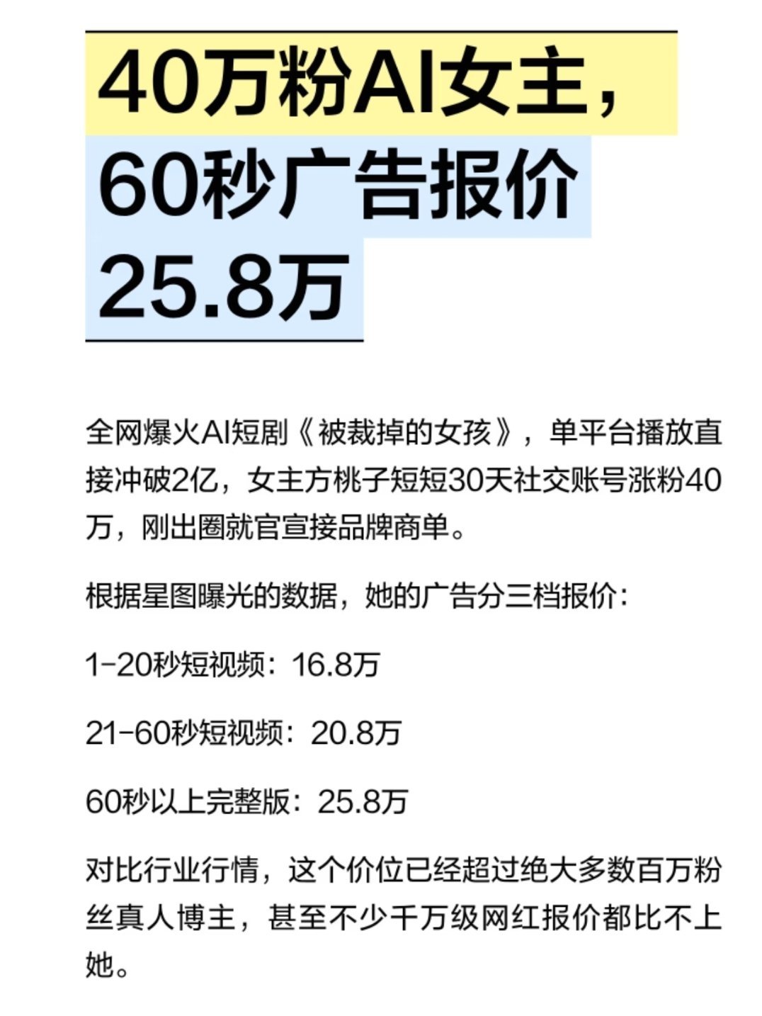 AI短剧女主60秒广告报价25万8那些沙雕动画还有一堆客户投广告呢！客户投的是数