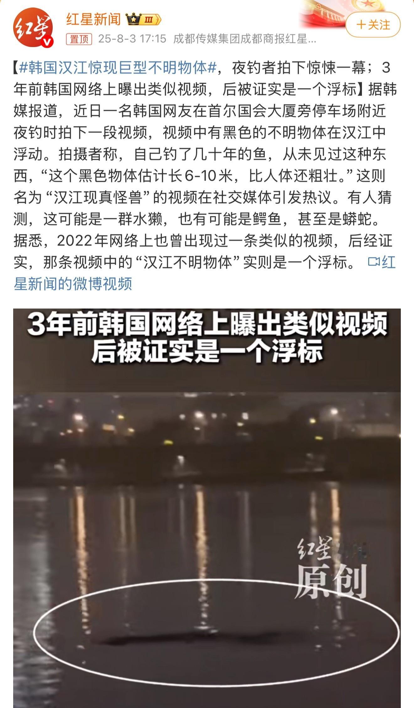 韩国汉江惊现巨型不明物体最后的结果可能是一条鱼或者浮漂物，不明物体多数都被证明是