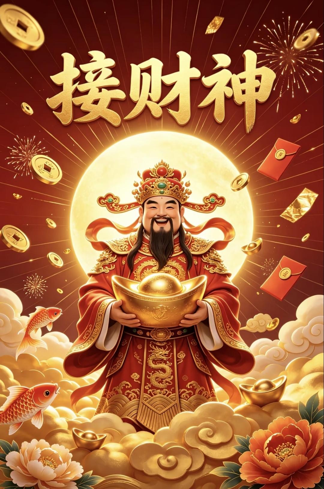 财神驾到福临门，锦鲤送福好运来传统文化 传递正能量 绘画 祝福