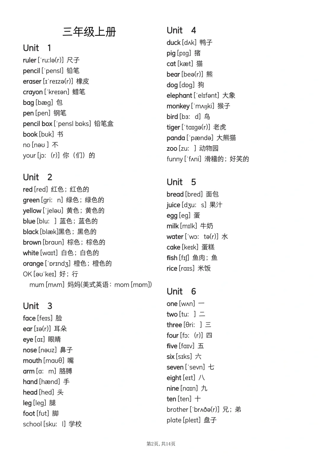 【人教PEP版】小学3-6年级全年级单词表