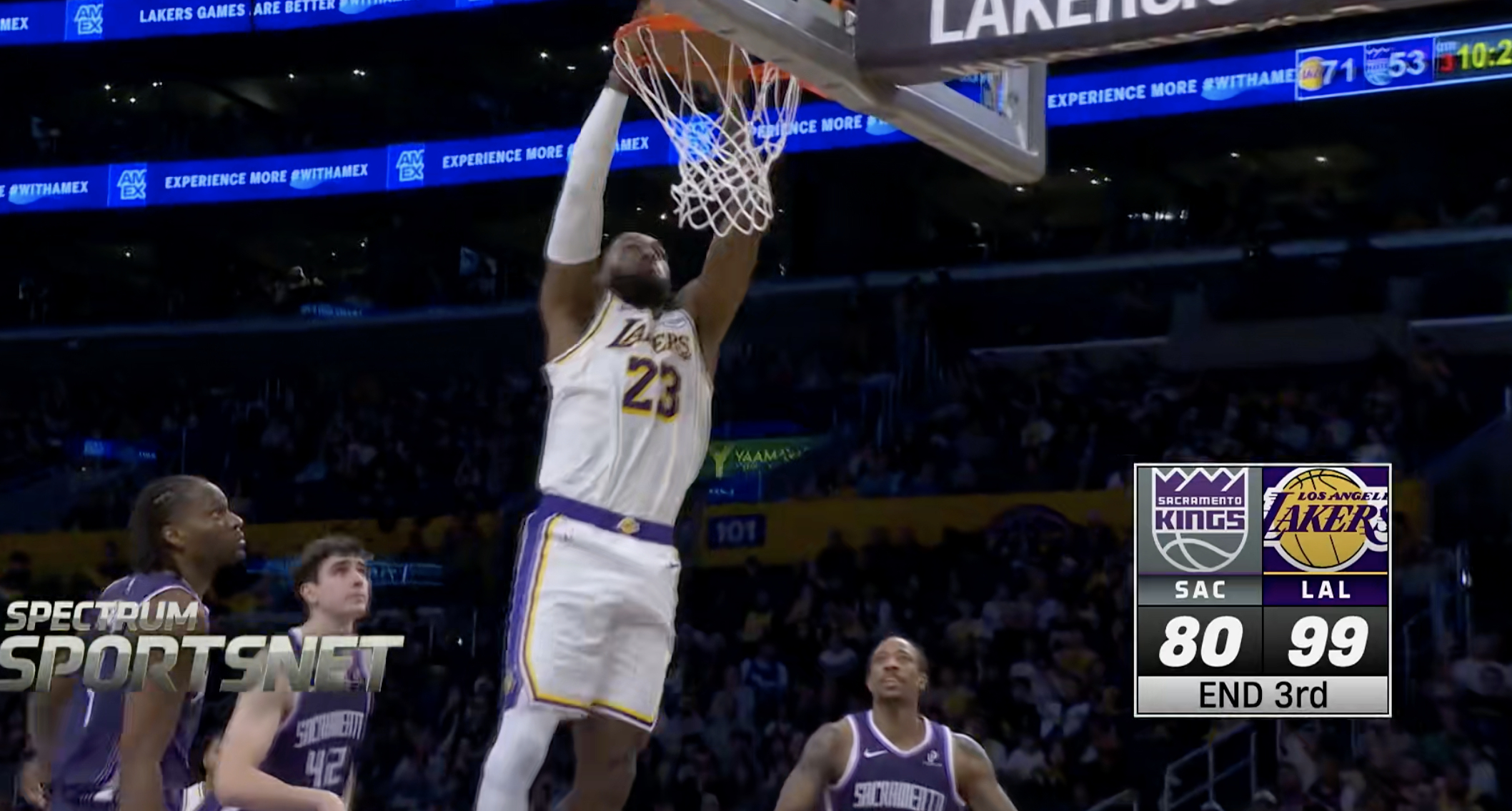 三节结束，湖人99-80国王，史密斯这节打得太好了。国王vs湖人